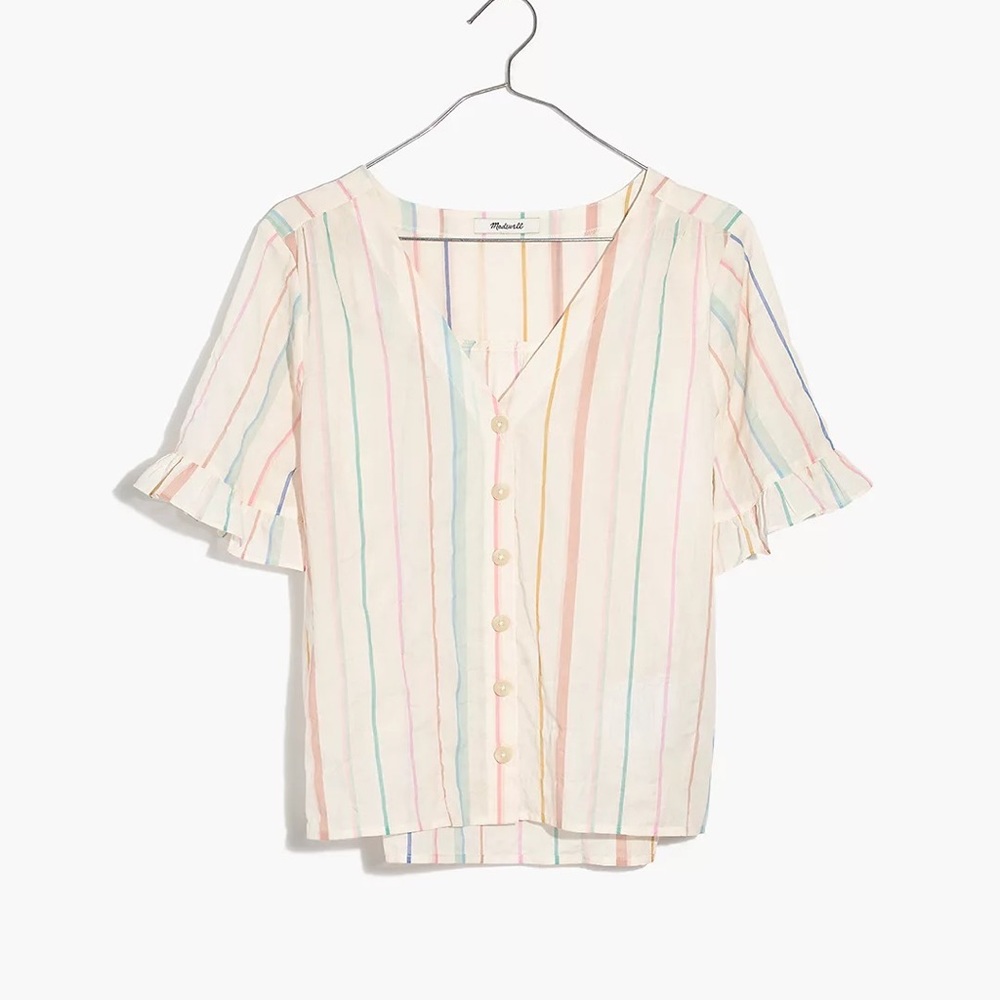 Madewell Vintage Ruffle-Sleeve Shirt in Rainbow Stripe XS